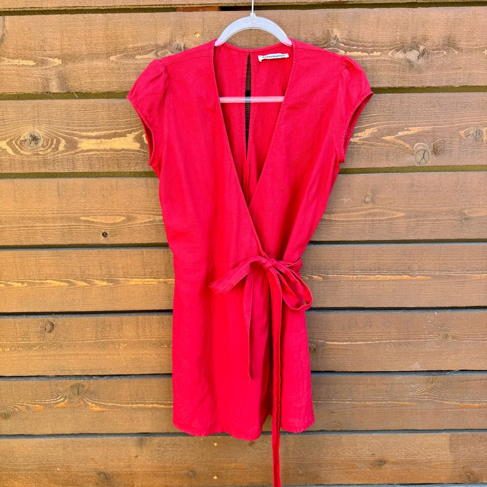 Reformation Rodin Plunge V-Neck 100% Linen Wrap Mini Dress M Red